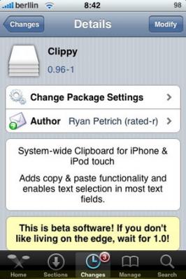 Clippy 0.96-1 - Actualización - Copia y pega con el iPhone / iPod Touch